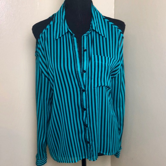Cold shoulder button up striped collared blouse - Picture 2 of 4